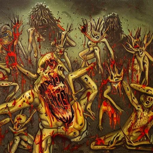 Prompt: A tumultuously horrific painting, with demonic figures and blood splattered everywhere, in a nightmarish style.