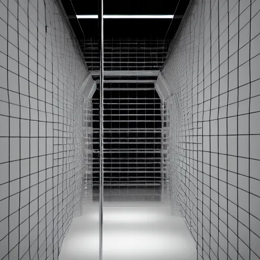 Prompt: a polygonal mesh render of a urinal, on a pedestal in a vast white room, courtesy of Centre Pompidou, archival pigment print