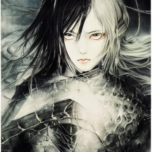 Prompt: yoshitaka amano blurred and dreamy illustration of an anime girl with black eyes, wavy white hair and cracks on her face wearing elden ring armour with the cape fluttering in the wind, abstract black and white patterns on the background, noisy film grain effect, highly detailed, renaissance oil painting, weird portrait angle