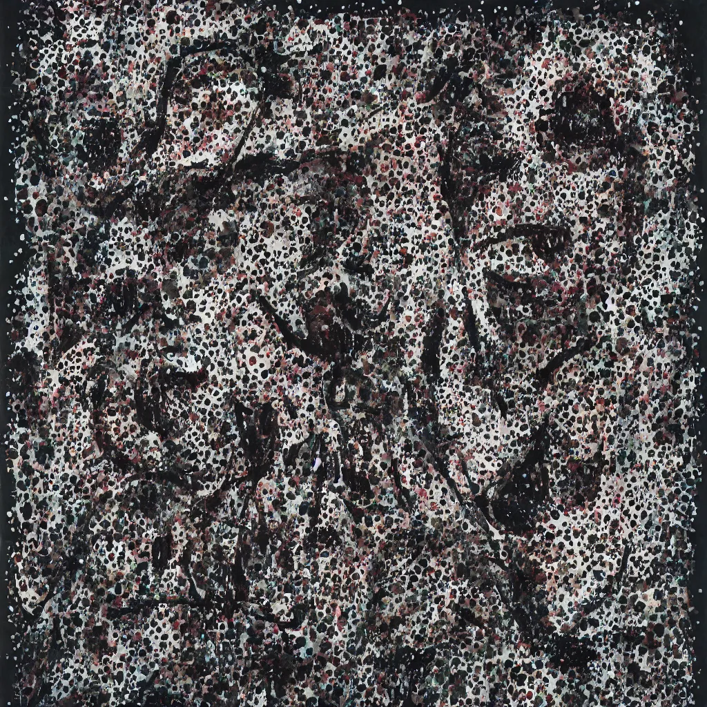 Image similar to camo made of teeth, smiling, abstract, francis bacon artwork, cryptic, dots, spots, stipple, lines, splotch, color tearing, pitch bending, faceless people, dark, ominious, eerie, hearts, minimal, points, technical, old painting