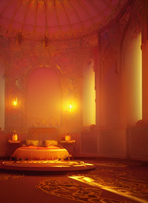 Image similar to beautiful interior of an ornate, intricate art nouveau arabian nights bedchamber, orientalism style, delphin enjolras, goro fujita, makoto shinkai, volumetric lighting, exquisite lighting, octane render, trending on artstation