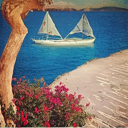 Image similar to “A photo of a beach and a french garden in 1993, tarot-like landscape it's lit by the camera flash. Surreal Greek architecture, mason, occult tarot symbols. Far away sail boat at the ocean”