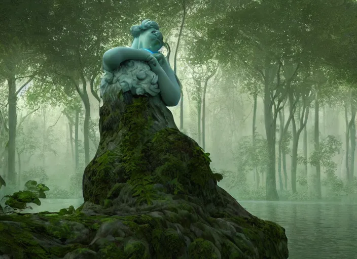 Image similar to an idealistic marble statue with fractal flowery hair and fair porcelain face and green eyes, in a magical forest, painted by, mc escher, gordon onslow ford, georgia o'keeffe and ivan aivazovsky, cinematic light, god rays, colourful, unreal engine, zbrush central,