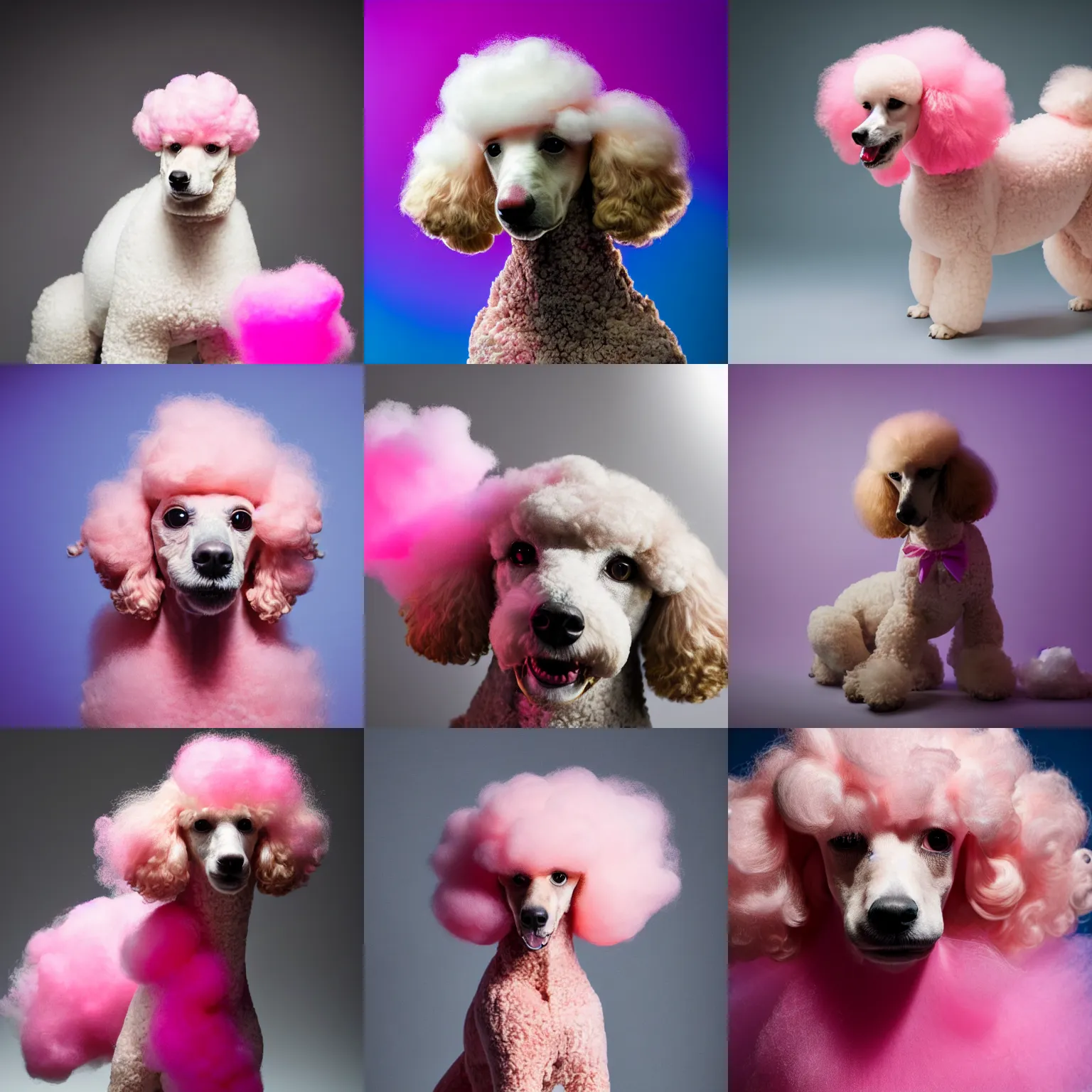 Prompt: studio photo of a poodle made of pink cotton candy. backlit, studio lighting, canon 85mm f1.4 lens