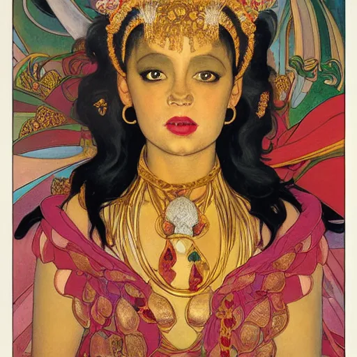 Prompt: portrait of a Chibcha gold goddess by Kowalski and Heckel and Ríos and Rutkowski and Mucha and Brom and Miller and Botero and Dalí and El Greco