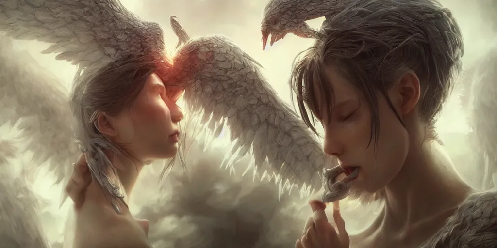 Image similar to ultra realistic, beautiful angel kissing devil, sci-fi, fantasy, mythical, intricate, elegant, highly detailed, digital painting, octane render, substance painter, zbrush, artstation, concept art, smooth, sharp focus, eerie, illustration, 8k, HD, art by artgerm and greg rutkowski and raphael