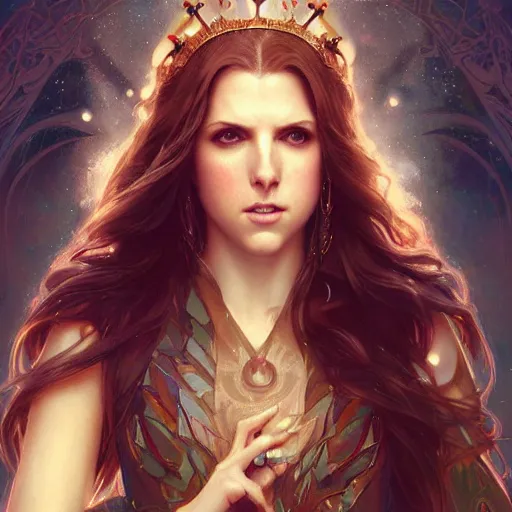 Image similar to beautiful powerful sorceress maiden princess, Anna Kendrick, cruel, intricate, elegant, highly detailed, digital painting, artstation, concept art, smooth, sharp focus, illustration, art by artgerm and greg rutkowski and alphonse mucha