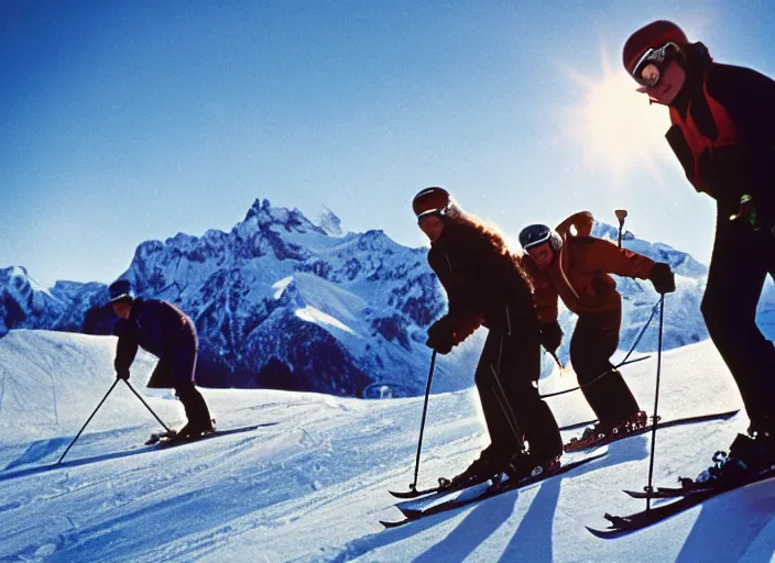 Image similar to a 3 5 mm kodachrome photo of people skiing in the swiss alps in the 1 9 5 0's, bokeh, canon 5 0 mm, cinematic lighting, film, photography, golden hour, depth of field, award - winning