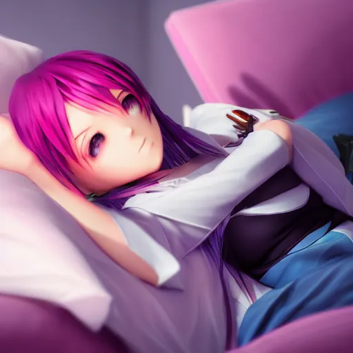 Image similar to advanced 3 d render digital anime art!!, gamer girl in bedroom