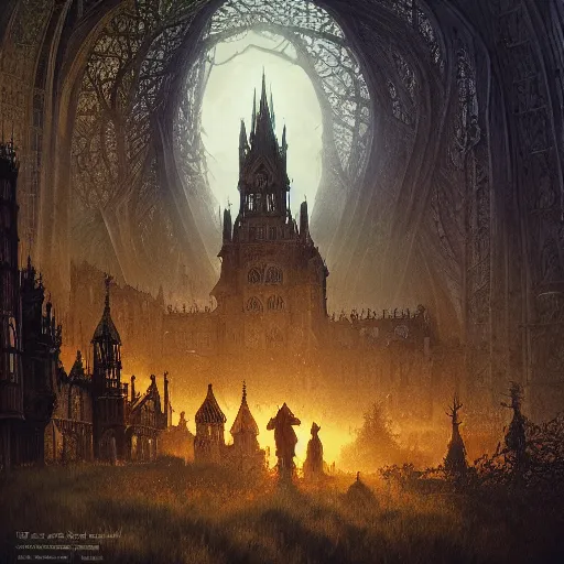 Image similar to demonic gothic victorian scenery in the style of michael whelan and stefan koidl. hyperdetailed photorealism by greg rutkowski, 1 0 8 megapixels, cinematic lighting