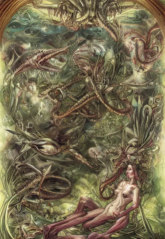 Image similar to elegant, muscular sharks, human babies, botany, orchids, radiating, colorful mandala, psychedelic, overgrown garden environment, by h. r. giger and esao andrews and maria sibylla merian eugene delacroix, gustave dore, thomas moran, pop art, biomechanical xenomorph, art nouveau, somber, horror