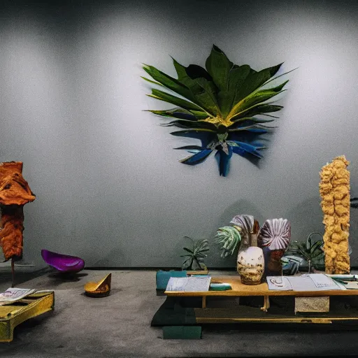 Image similar to a color photography of an exhibition room with an arrangement of elements / anthropological conceptual object / tropicalism / ( ( ( ( ( ( ( ( ( ( ( brutalism ) ) ) ) ) ) ) ) ) ) ) / animism, grain / shades / highly detailed / 1 2 0 0 dpi / fujifilm x - t 3 0