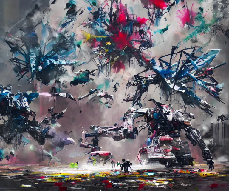Prompt: acrylic and spraypaint concept art of a giant mechwarriors battling in space, explosions, graffiti wildstyle, large brush strokes, painting, paint drips, acrylic, clear shapes, spraypaint, smeared flowers, origami crane drawings, large triangular shapes, painting by ashley wood, totem 2, jeremy mann, masterpiece