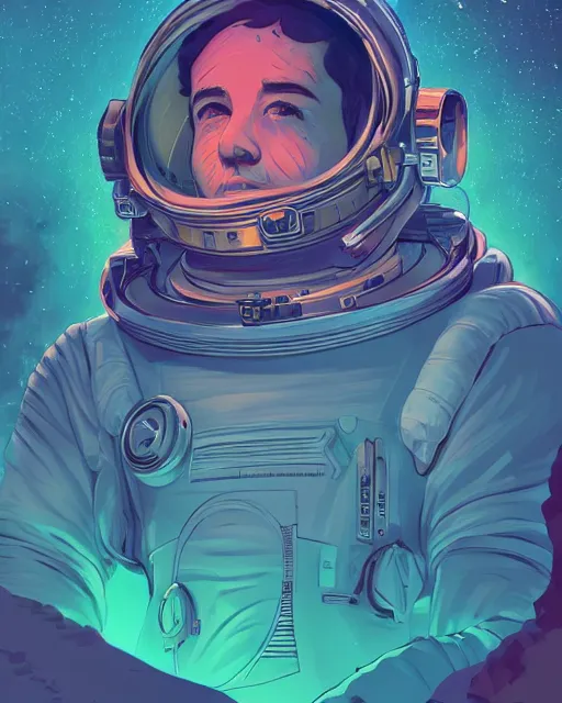 Prompt: wide shoot portrait of ethereal cosmonaut lie relaxed on a crescent moon between the stars and the planets in outer space, cosmonaut post grunge concept art,high detail,4k, trending on artstation by josan gonzalez, dan mumford and tyler edlin