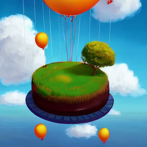 Prompt: a giant floating cake suspended to plenty of floating birthday balloons. beautiful landscape. digital art, highly - detailed, artstation cgsociety masterpiece