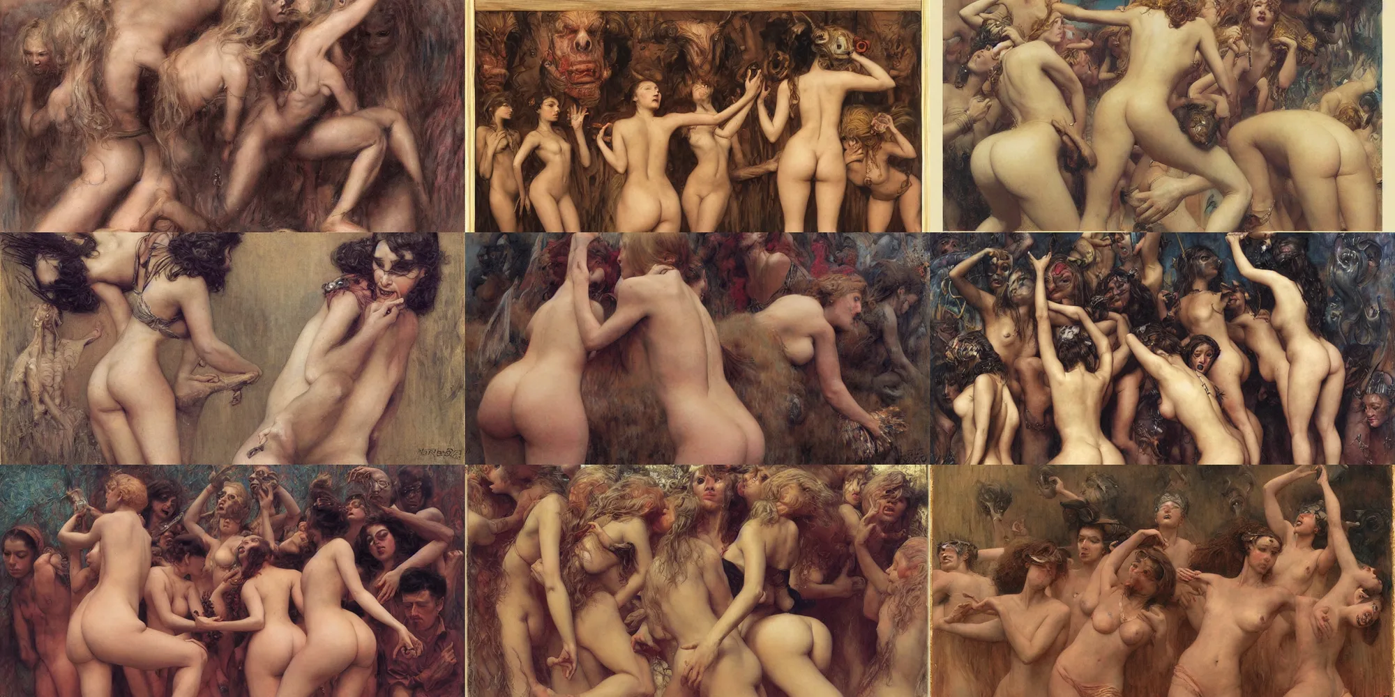 Prompt: girls twerking, by wayne barlowe, by gustav moreau, by goward, by gaston bussiere, by roberto ferri, by santiago caruso, by luis ricardo falero, by austin osman spare, by saturno butto