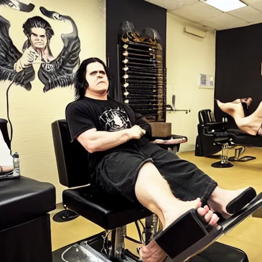 Prompt: glenn danzig with permed hair, at the salon getting a pedicure,
