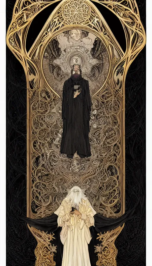 Prompt: one old man wore a black cloak, a black cloak and a white beard, highly detailed, very intricate, art nouveau, gold filigree, left right symmetry, tarot concept art watercolor illustration by mandy jurgens and alphonse mucha and alena aenami, featured on artstation