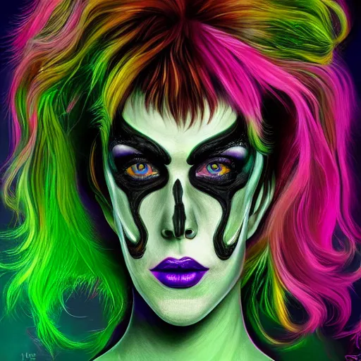 Image similar to an extremely psychedelic portrait of elvira as the riddler, surreal, lsd, face, detailed, intricate, elegant, lithe, highly detailed, digital painting, artstation, concept art, smooth, sharp focus, illustration