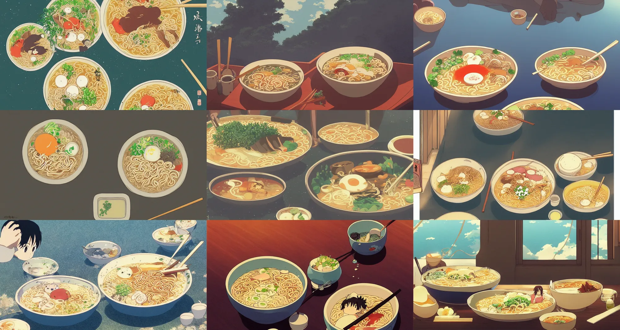 Prompt: beautiful anime illustration of bowl of ramen, relaxing, calm, cozy, peaceful, by mamoru hosoda, hayao miyazaki, makoto shinkai
