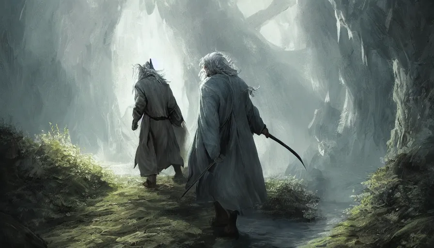 Prompt: concept art of gandalf approaching the shire, jama jurabaev, brush hard, artstation, high quality, brush stroke, soft lighting