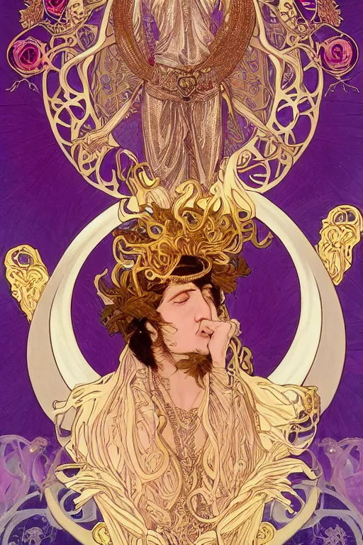 Prompt: thanatos, beautiful male god of death, closed eyes, long hair, wearing ornate silk and lace clothes, gold jewelry, moon, purple feathers, by Alphonse Mucha, by artgerm, rule of thirds, super detailed, 8k