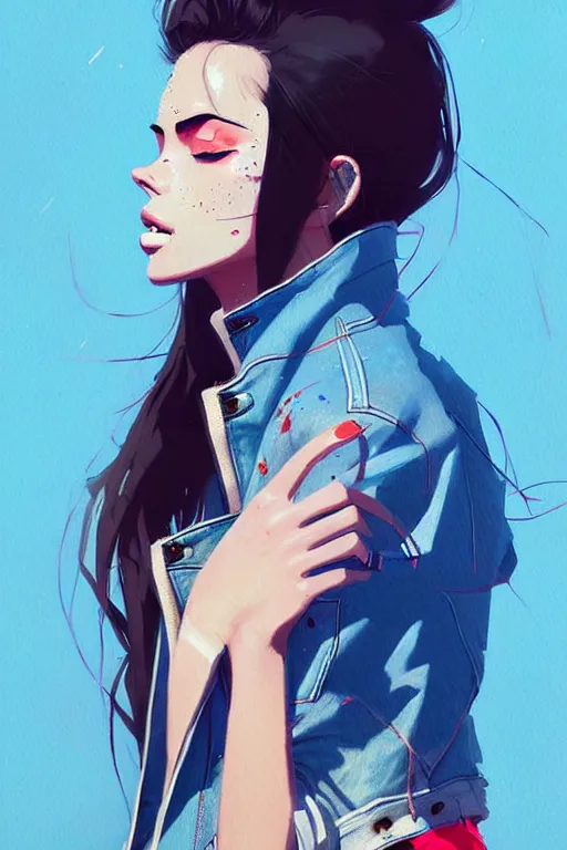 Image similar to a ultradetailed beautiful painting of a stylish woman in a denim jacket and shorts, by conrad roset, greg rutkowski and makoto shinkai trending on artstation