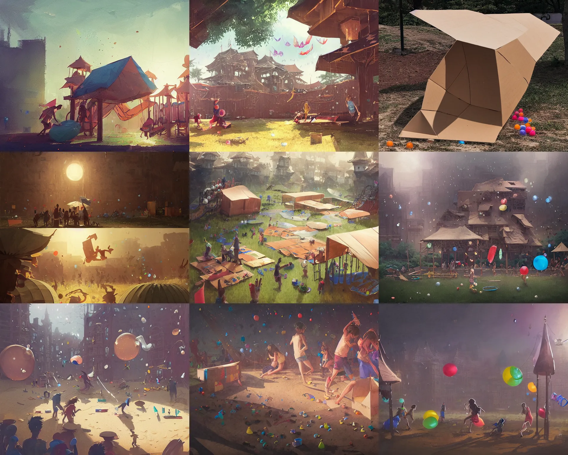 Prompt: cardboard fort of a waterballoon fight in a playground, light dust, magnificent, close up, details, sharp focus, elegant, highly detailed, illustration, by Jordan Grimmer and greg rutkowski and PiNe(パイネ) and 薯子Imoko and 香川悠作 and wlop and maya takamura, intricate, beautiful, Trending artstation, pixiv, digital Art