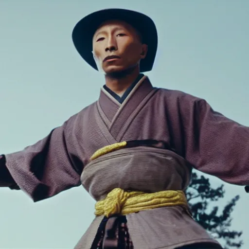 Image similar to cinematic film still Pharrell Williams starring as a Samurai holding fire, Japanese CGI, VFX, 2003, 40mm lens, shallow depth of field,film photography