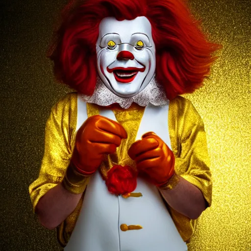 Prompt: extremely detailed studio portrait of ronald mcdonald surrended by gold, soft light, golden glow, 4 k