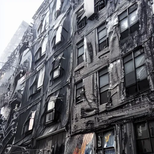 Image similar to apocalyptic new york, buildings covered in black tar, black gooey tar on buildings, black goo everywhere