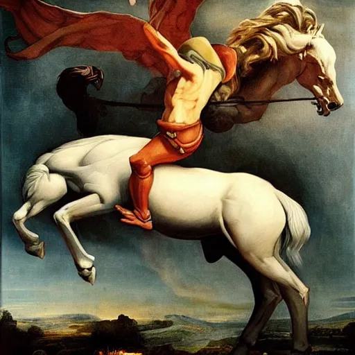 Prompt: And I looked, and behold a pale horse and his name that sat on him was Death, and Hell followed with him, Renaissance Painting Trending on Artstation