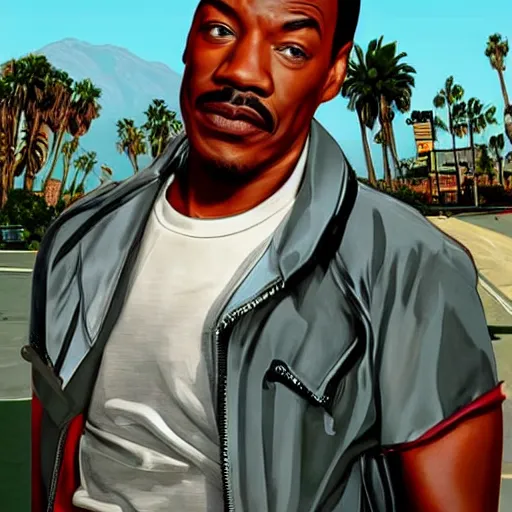 Image similar to Eddie Murphy in GTA V. Los Santos in the background, palm trees. In the art style of Stephen Bliss