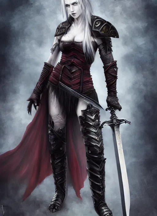 Image similar to female vampire warrior, large two - handed sword, large greatsword, full portrait, enchanting, elegant, lean and muscular, flying, barefoot, foot wraps, exposed toes, black heavy armor, historical armor, metal mask, in the style of ghostblade, wlop, modern fantasy, realistic proportions.