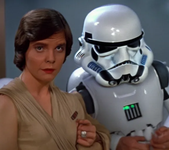 Prompt: TV screencap, Star Wars (1977) is a sitcom on NBC, laugh track