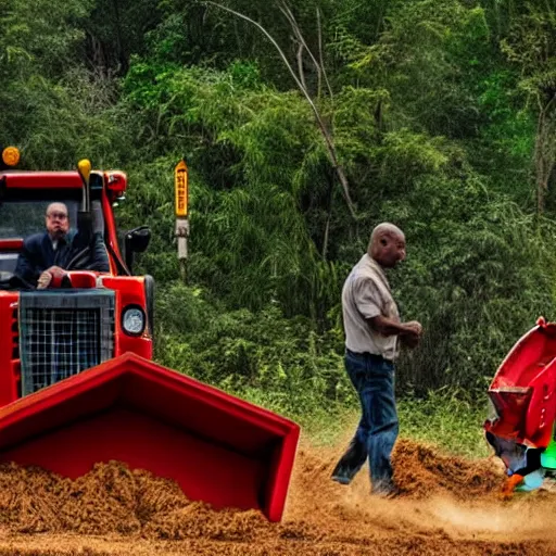 Image similar to a preacher with short cropped hair and a widows peak driving a small red bulldozer through the jungle while a wolfman runs along beside him