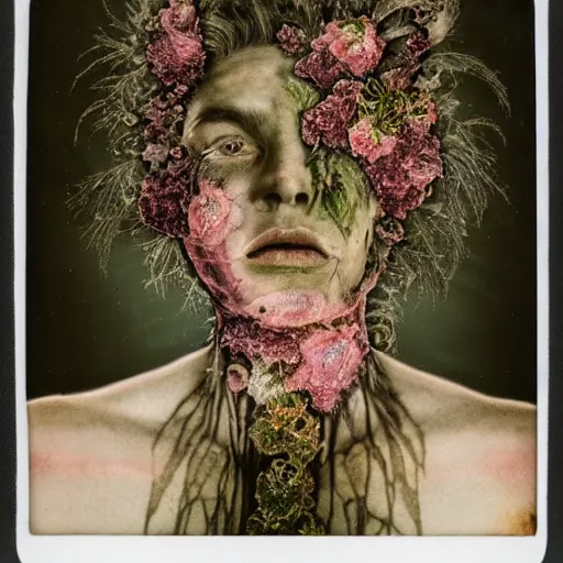 Image similar to a beautiful detailed front view portrait of a rotten woman corpse with fractal plants and fractal flowers growing around, volumetric light, beautiful lit, polaroid photography