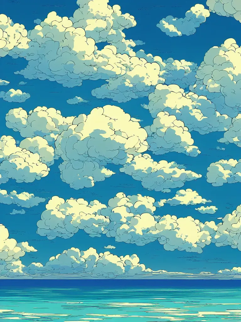 Image similar to a digital art of a landscape of a field and the sea at noon, beautiful sky and clouds, colorful, by laurie greasley, artstation, studio ghibli color scheme