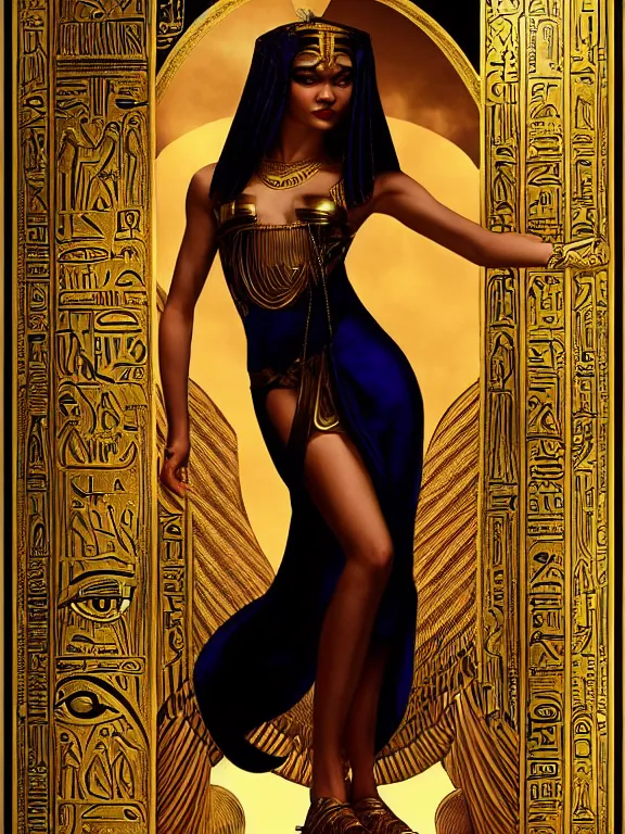 Image similar to zendaya as the Egyptian goddess bast, a beautiful art nouveau portrait by Gil elvgren, Nile river moonlight environment , centered composition, defined features, golden ratio, gold jewlery, photorealistic professional lighting, cinematic