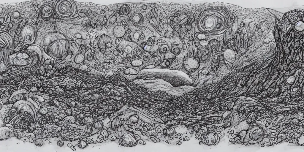 Image similar to doodle ballpoint pen drawing of a alien landscape with strange life forms, detailed