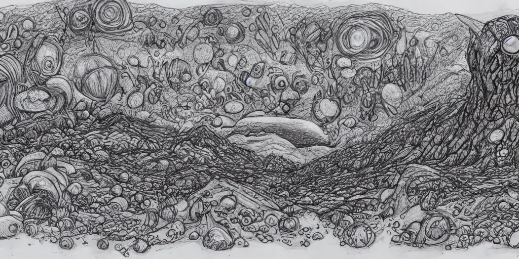 doodle pen drawing of a alien landscape with strange, Stable Diffusion