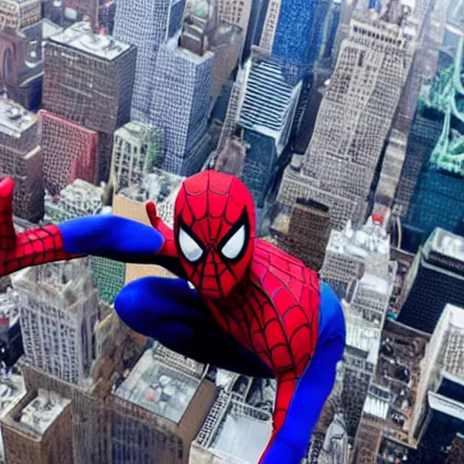 Prompt: spiderman standing on top of the empire state building