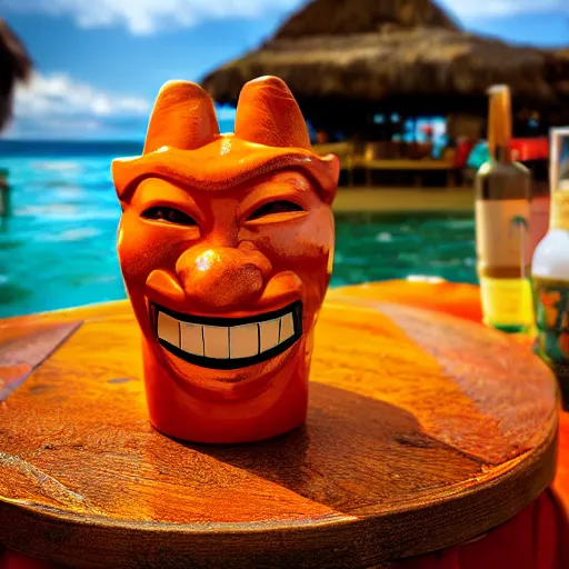 Image similar to a closeup photorealistic photograph of a glossy orange cat garfield style tiki mug sitting at a trader vic's beach bar featuring garfield's face. tiki theme. bright scene. fine detail. this 4 k hd image is trending on artstation, featured on behance, well - rendered, extra crisp, features intricate detail, epic composition and the style of unreal engine.