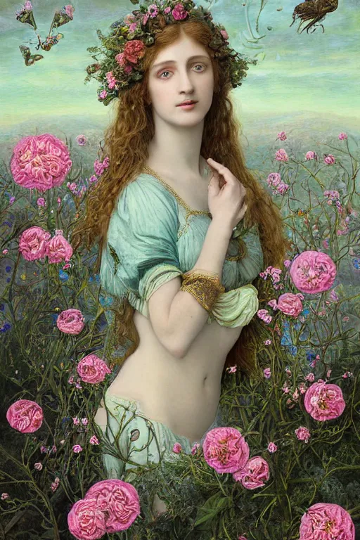 Image similar to elaborately Hyper detailed pre-raphaelite illustration of an extremely beautiful regal young attractive woman, surreal, flowers, pink bubbles, bright background, moonlight, very coherent symmetrical artwork high fantasy professionally painted digital art painting, smooth, sharp focus, highly detailed illustration highlights, golden ratio, 8K detail post-processing, symmetrical facial features, rich deep moody colors, award winning picture, trending on ArtstationHQ