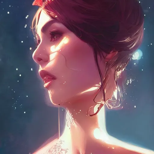 Prompt: lady at a wedding, intricate complexity, by greg rutkowski, artgerm, ross tran, conrad roset, takato yomamoto, ilya kuvshinov. 4 k, beautiful, cinematic dramatic atmosphere