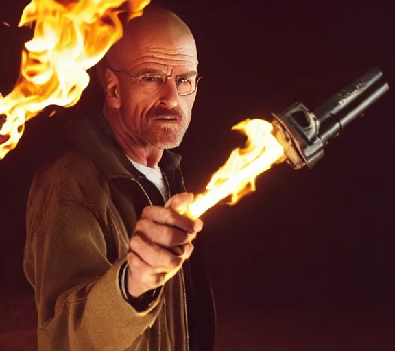 Image similar to flynn from breaking bad holding a flamethrower, movie still, photorealistic, clean composition