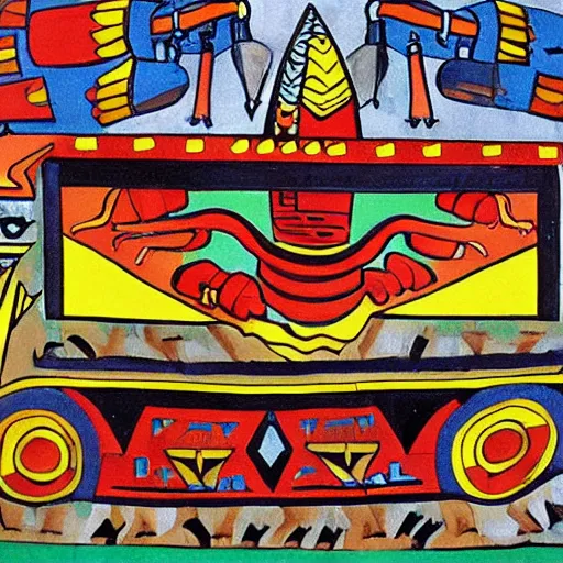 Prompt: painting of a rocket artillery system, aztec style