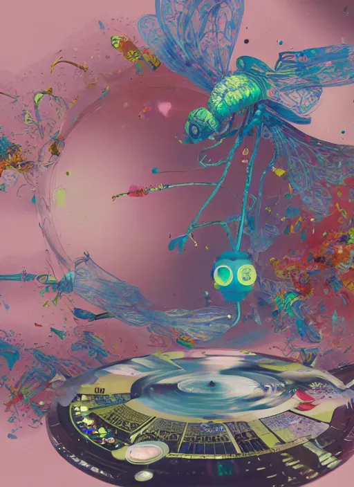 Image similar to surreal gouache painting, by yoshitaka amano, by ruan jia, by Conrad roset, by good smile company, detailed anime 3d render of a magical round flying Vinyl Discos , DJ Mixer, deck surrounded by Dragonfly,flying discos , controller, portrait, cgsociety, artstation, rococo mechanical and Digital and electronic, dieselpunk atmosphere