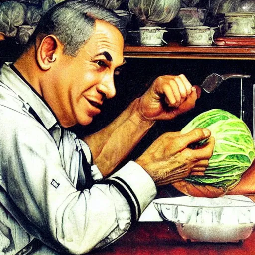 Prompt: benjamin netanyahu karate chopping a cabbage while wearing karate uniform, by norman rockwell, highly detailed