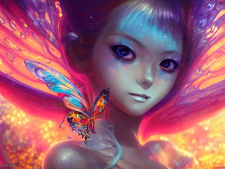 Prompt: ultra detailed illustration of a butterfly anime girl made out of liquid chrome, melting face, smiling, grillz, lost in a dreamy fairy landscape, by ,Karol Bak, colorfull, vivid colors, 8k, anime vibes, octane render, uplifting, magical composition, artstation
